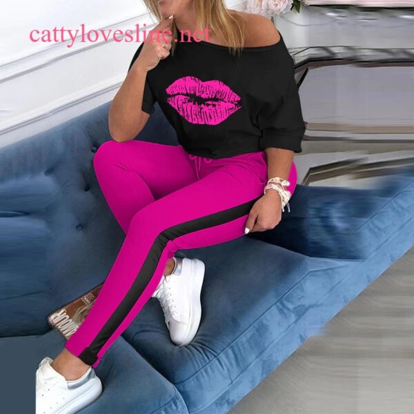 Jogger Overalls Clothes Two Piece Set Women Tracksuit Sexy Lips Print Shoulder Top Sweatpants For Summer