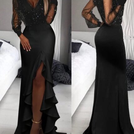 Elegant Split Thigh Party Dress with Glitter Mesh Ruffle Hem for Women