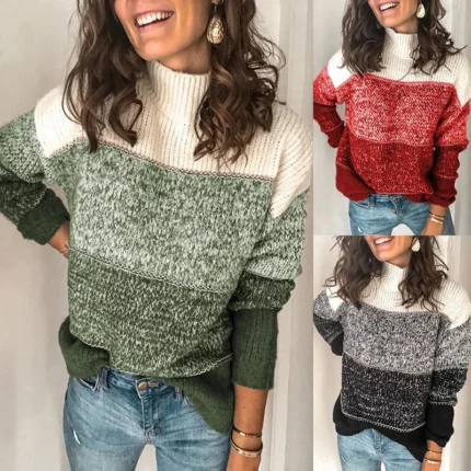 Women's Autumn Winter Sweater In Mixed Colors Stripes Contrast In Colors