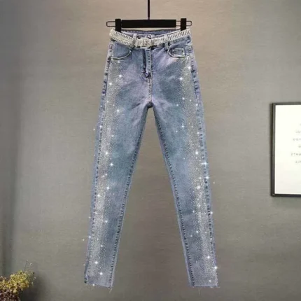 Streetwear Women's Blue slim Diamonds High Waisted Jeans Ankle-length Denim Pants Trousers