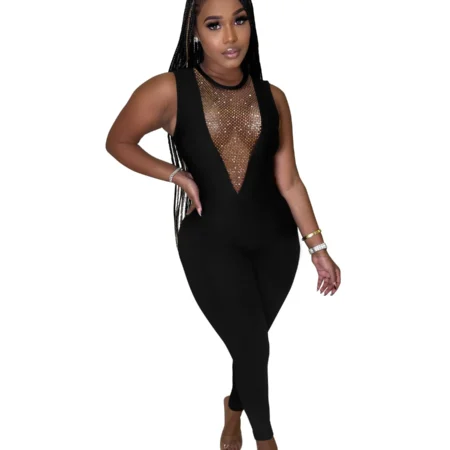 Women See Through Jumpsuit Sexy Deep V Neck  Rhinestone Sleeveless Clubwear Party One Piece Rompers