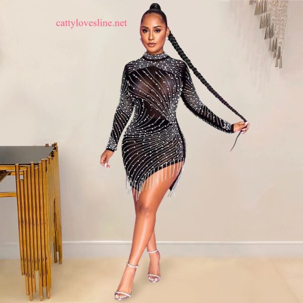 A Diamond O-neck Long Sleeve Party Mini Dress