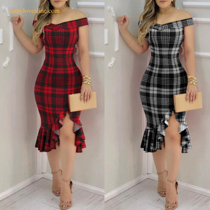 Sexy Plaid Off Shoulder Streetwear  Women Work Office Ruffles Dress