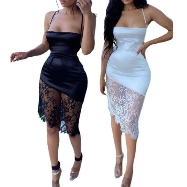 Women's sexy lace stitched backless, sleeveless lace hem dress