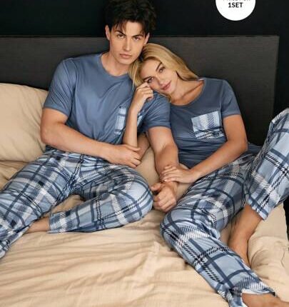 Plaid Print Short Sleeve & Long Pants Casual Men's Pajama Set