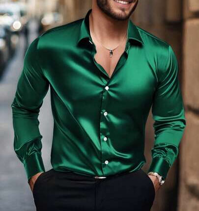 NITAGUT Men's Casual Solid Color Satin Shirt, Spring Autumn, Fall