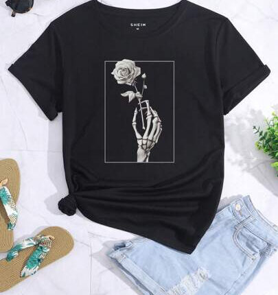 Women's Skull & Hand & Flower Printed T-Shirt Graphic Tees Women Tops