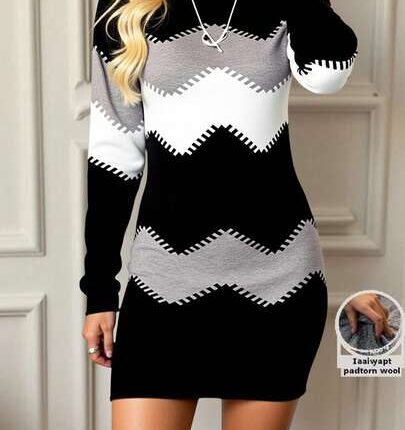Women’s Trendy Color Block Dress – Long Sleeve Fall Outfit
