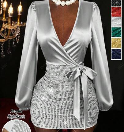 Grey Silver Sequin Bodycon Dress for Women