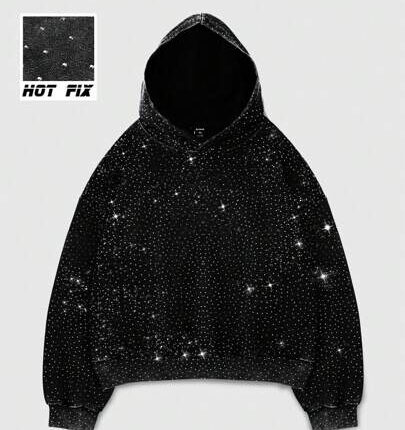ROMWE MEN Street Life Men's Heavyweight Oversized Rhinestone Cropped Hoodie, Streetwear, Long Sleeve Top