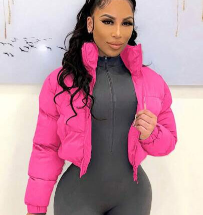 Women European & American Style Short Stand Collar Zipper Front Warm Jacket