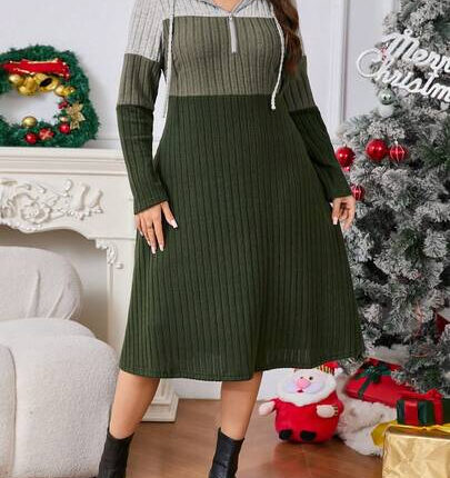 Plus Size Colorblock Hoodie Dress for Women – Ribbed Brushed Autumn Winter Casual Dress