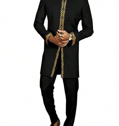 2pcs/Set Men's Solid Color Round Neck Embroidered Long Sleeve Suit Jacket & Pants, African National Style Wedding Suit 2024