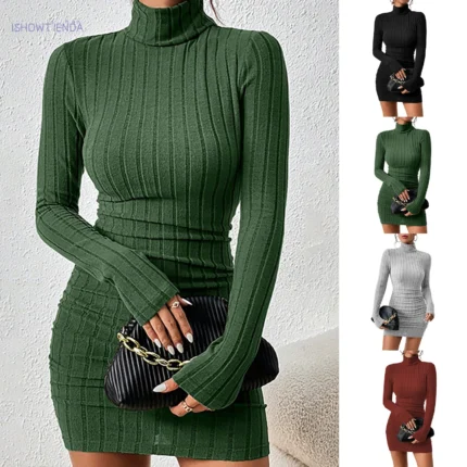 Knitted Bodycon Dress for Women – Turtleneck Long Sleeve Sheath Mini Party Dress