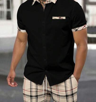 Men’s Plaid Shirt and Cargo Shorts Set Casual Summer Outfit