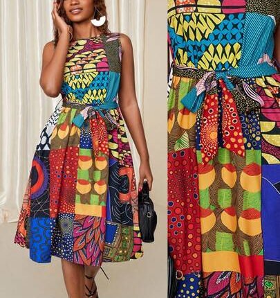 Eryvara Women's African Mixed Print Vacation Round Neck Sleeveless Dress, Random Print Multicolor Dress African Print Dress Colorful Dresses For Women