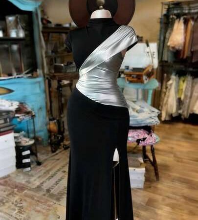 Black & Silver Fishtail Maxi Dress with High Slit | Elegant Party & Evening Gown