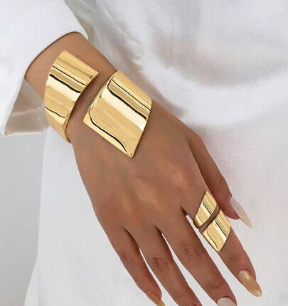 1 Set Gold Geometric Bangle Bracelet & Ring Jewelry Set, Matching Bracelet & Ring, Minimalist Thick Bracelet & Ring Set, For Women