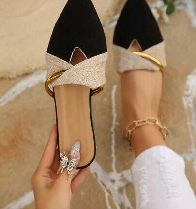Black Flat Mule Shoes With Metal Strap, Hollow Out Decor, Suede Pointed Toe Slip-On Backless Loafers, Elegant Casual Shoes For Women, Spring/Autumn