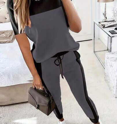 Women's 2-Piece Contrast Color Block T-Shirt and Pants Set