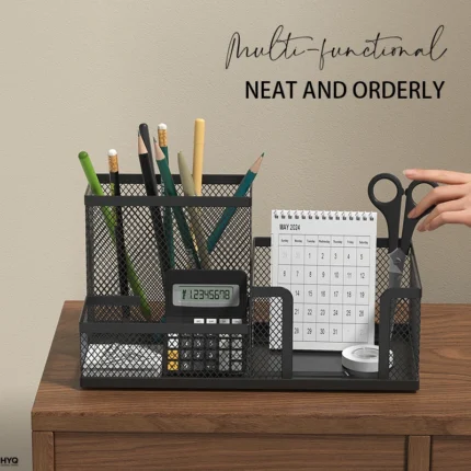 3-Compartment Mesh Desk Organizer with Pencil Holder – Sturdy Office Supplies Caddy for Desktop Accessories
