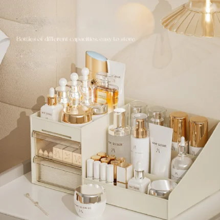 Beige Cosmetic Organizer | Desktop Makeup & Skincare Storage Box